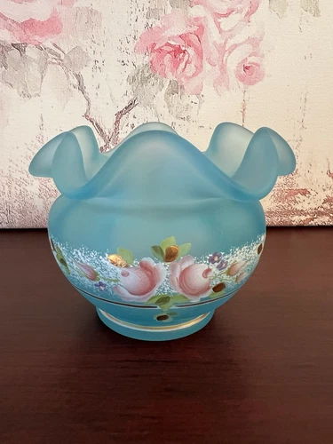 Fenton Glass Blue Satin 3.5” Rose Bowl / Vase