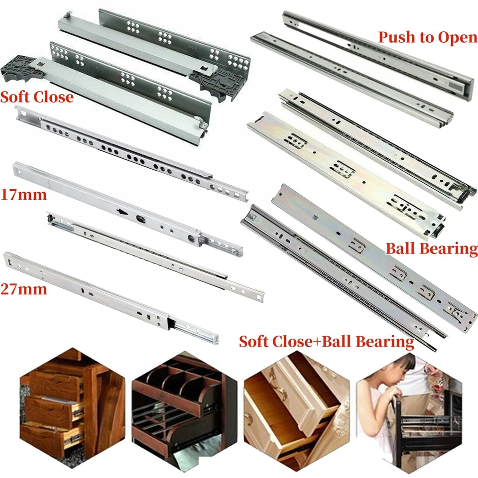 Drawer Runners Grooved Ball Bearing Slides Ball Bearing Rails 17mm 27mm 45mm UK - Image 4 of 4