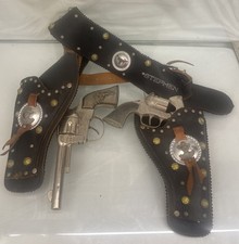 VINTAGE ROY ROGERS TOY TWO GUN Black LEATHER HOLSTER SET "Stephen"