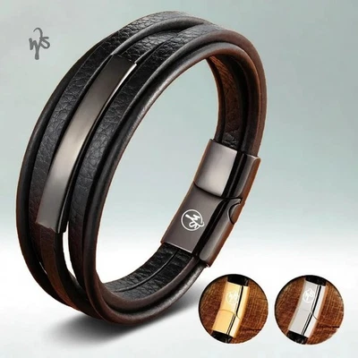 Bracelet pour homme WseSto cuir acier inoxydable fermeture à levier... - Photo 1/4