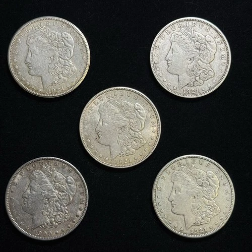 5 Lot - 1921 Mixed Morgan Dollars - VF Condition - 90% Silver 1 Dollar Pieces