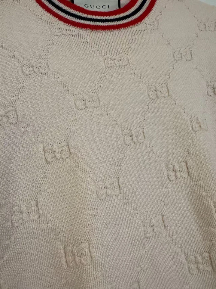 Gucci GG Logo Short Sleeve Wool Knit Top Ivory Red Trim Made in Italy Size M - Image 2 of 4