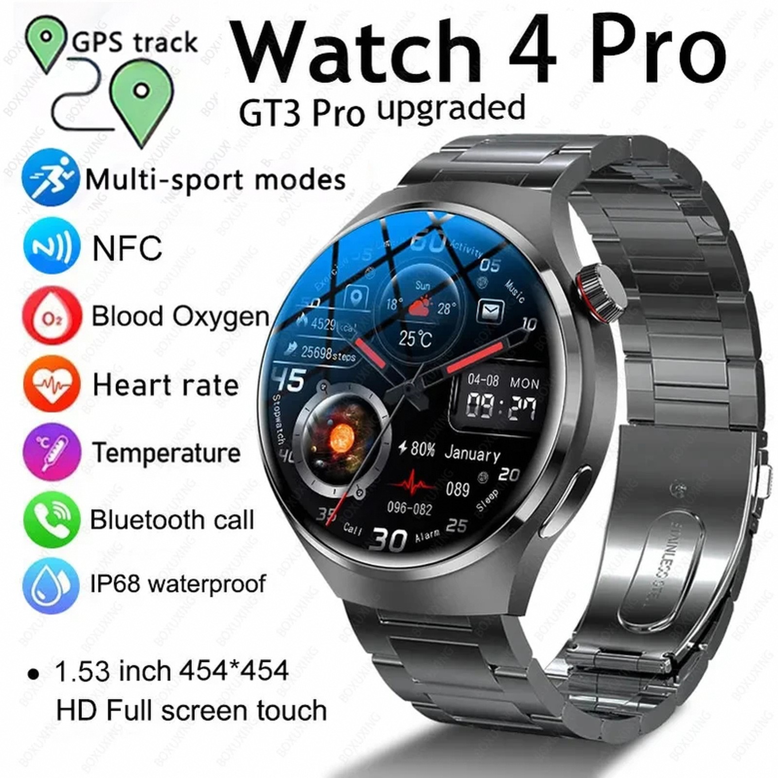 Smartwatch with 1.53 inch AMOLED round display, GPS, NFC, IP68 waterproof