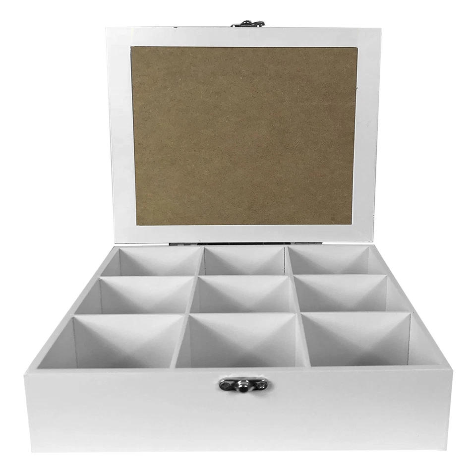 Teebox mit Dekor Holz Vorrats Tee Box Shabby Look Aufbewahrungsbox Weiß 9 Fächer - Bild 3 von 3