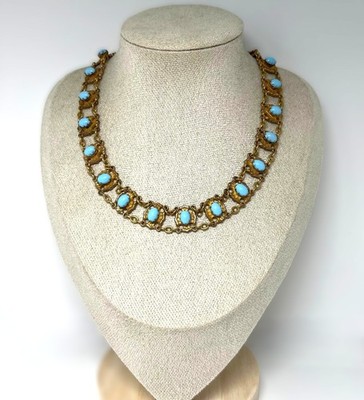 Vintage Turquoise Choker Necklace Gold Tone Brass Mid Century 1960s Collar