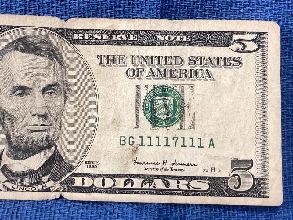 1999 5 dollar bill 7 + Seven 1's Fancy Note 11117111 Binary 7 OF A KIND - Image 4 of 4