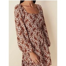 Faithfull The Brand Paisley Long Sleeve Square Neck Mini Dress Women Size M
