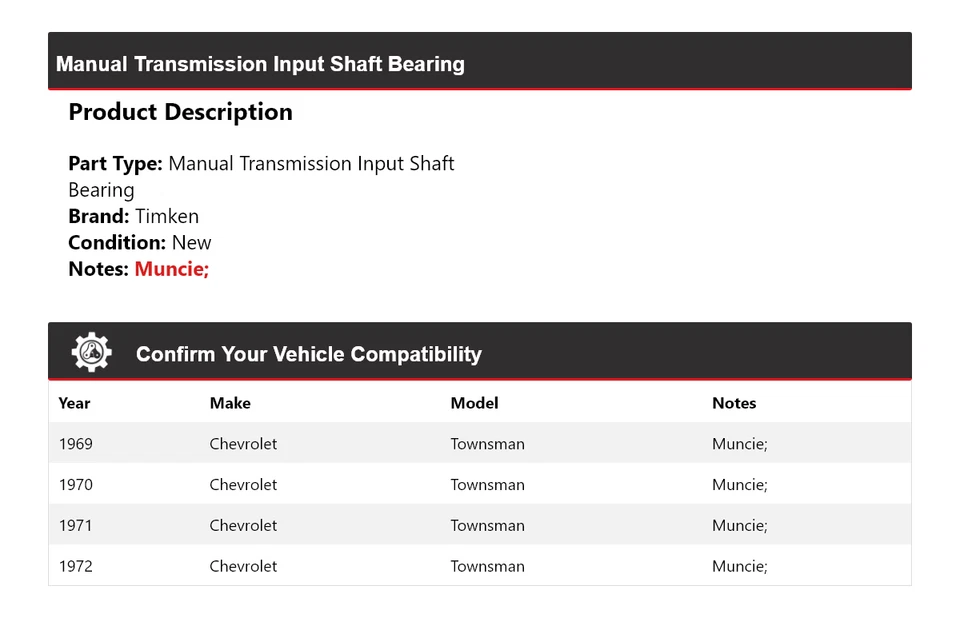 Cojinete de eje de entrada de transmisión manual Timken para Chevrolet Townsman 1969-1972 Foto 2 de 4