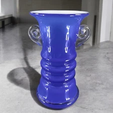 Vintage Italian Art Glass Vase Cobalt Blue Cased White Inside With Handles Vase