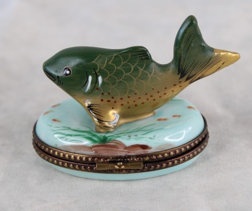 Limoges Schmuckkästchen Barsch Fisch PV Parry Vielle Marque Depose Peint Main - Bild 2 von 7