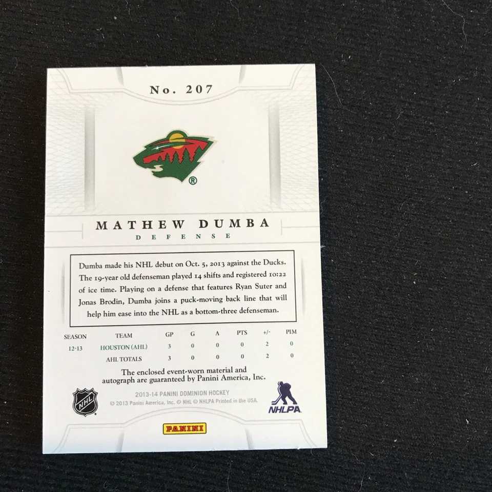 2013-14 Panini Dominion Mathew Dumba Rookie Patch Auto Autograph RC #87/99 Wild - Image 2 of 2