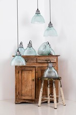 Antique HOLOPHANE Vintage Industrial Prismatic Blue Glass Pendant Lamp Light