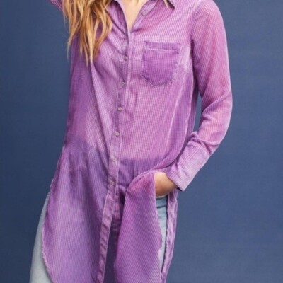 Anthropologie Akemi Kin Purple Sheer Longline Button Front Top Size Medium Boho