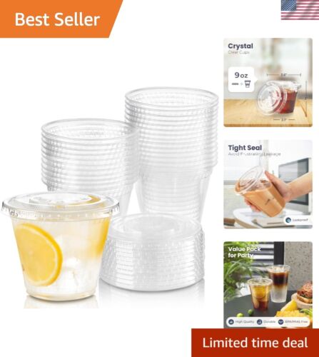 Reusable 50ct 9oz Clear Plastic Cups with Flat Lids - Ideal for Parties & Travel