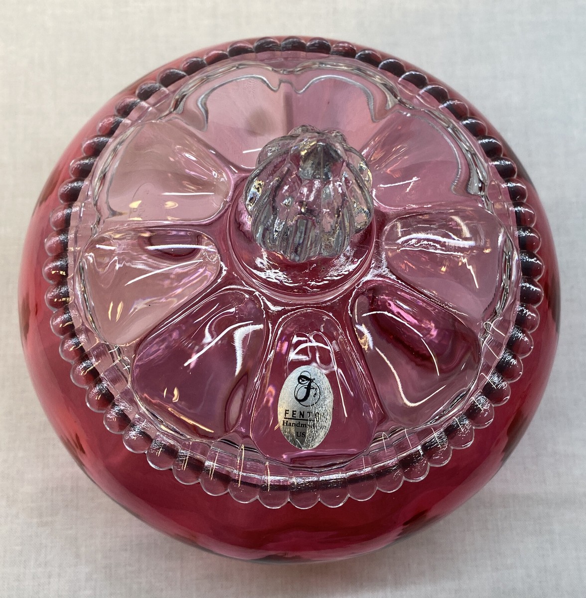 Fenton Art Glass Cranberry Candy Dish With Crystal Beaded
