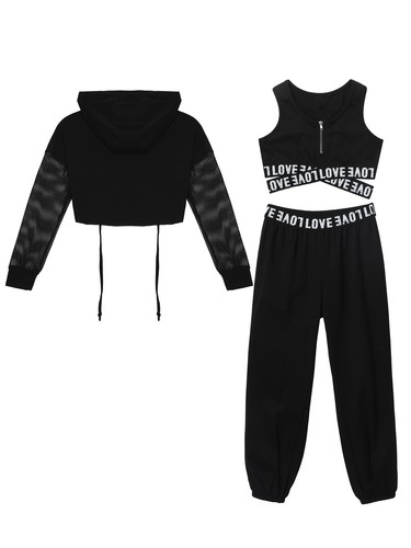 Girls 3 Piece Outfits Crop Tank Top Sweatpants Long Sleeve Hoodie Dance Workout - Picture 10 of 48