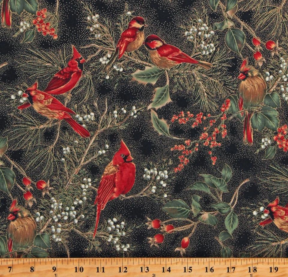 HOFFMAN CALIFORNIA FABRICS Cotton Cardinals Winter Holly Berries Gold Metallic Fabric Print by Yard D406.52