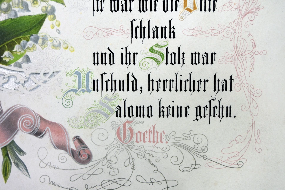 Estampa litho alemã antiga detalhes em tom de prata poema Goethe flores sino orquídea - Imagem 3 de 4