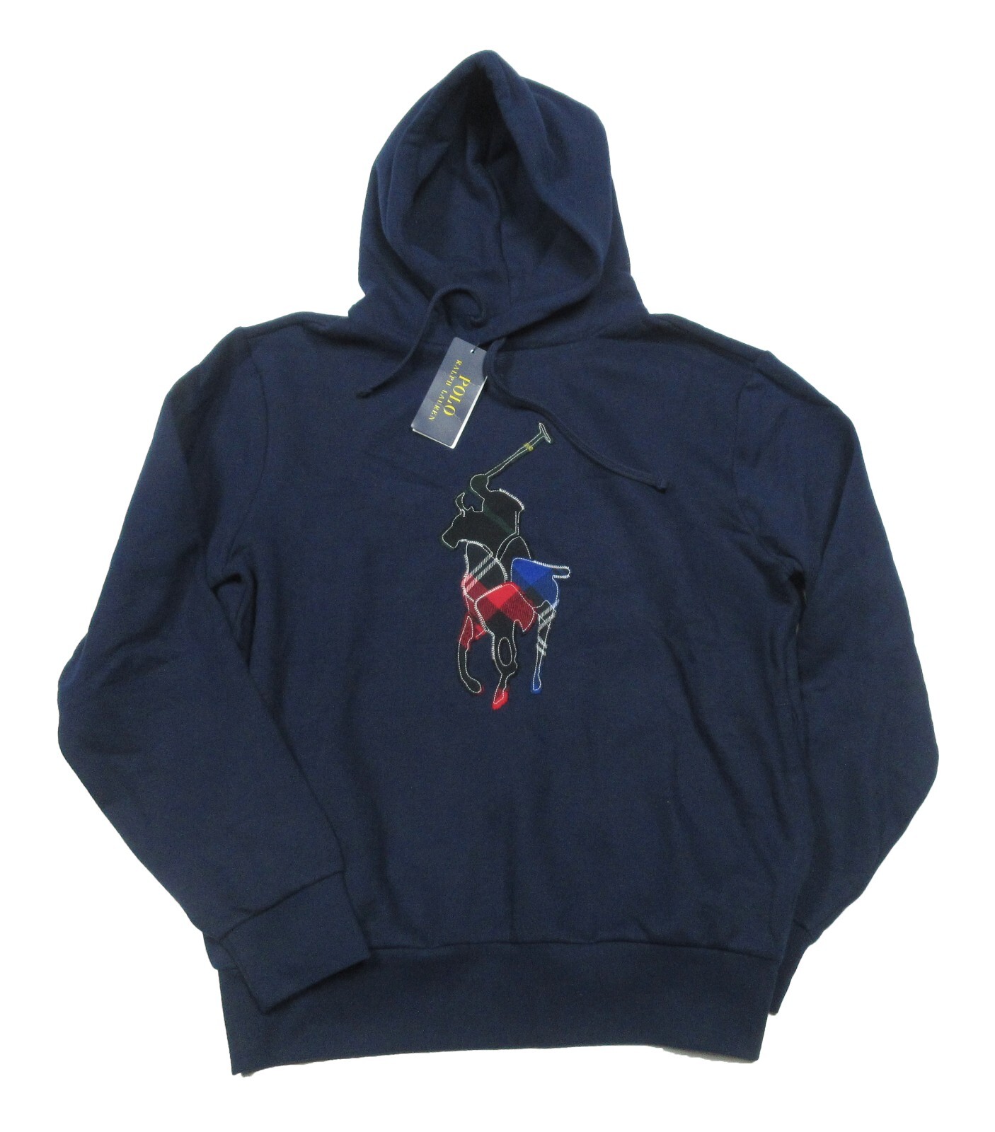 Felpa con cappuccio pullover in pile Polo Ralph Lauren uomo navy patchwork giocatore pony