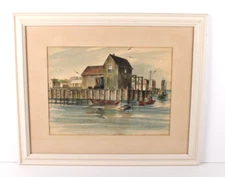 New England Boat Dock Coastal Watercolor Painting Signed Piersol 55