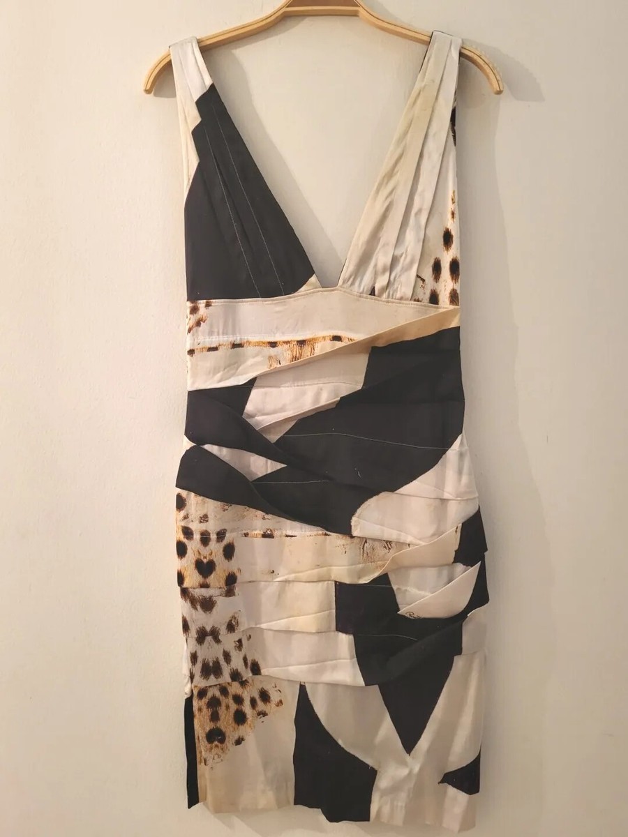 ROBERTO CAVALLI VINTAGE SILK SLEEVELESS RUCHED MINI DRESS ANIMAL PRINT US  6/42