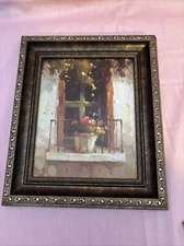Framed Window Scene Rail Flower Pot 10x8 "frame is 14x12" BEAUTIFUL