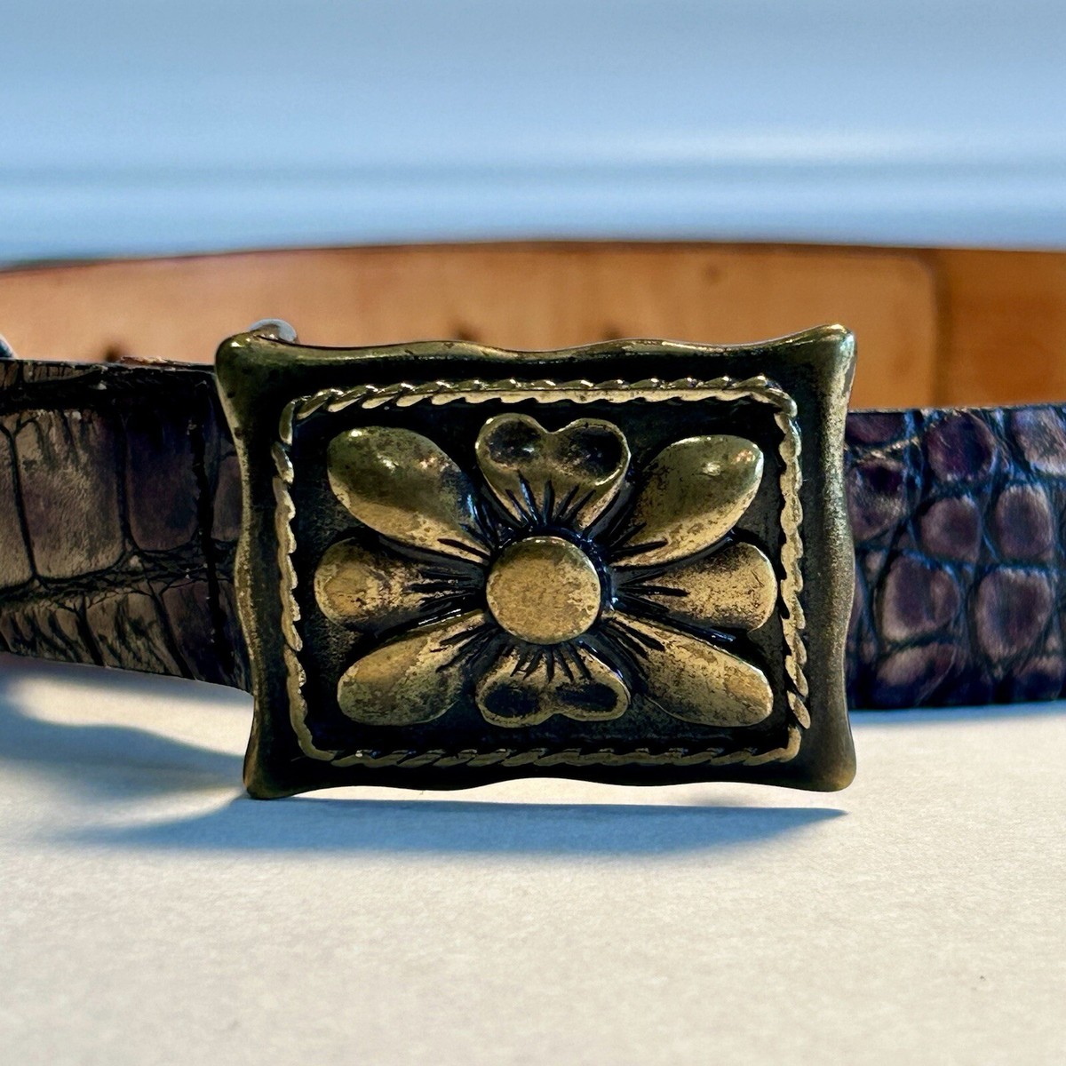 Berge Vintage Croc Print Leather Belt Vintage BERGÉ Leather Belt: Crocodile Print, Brass Flower  main image 2