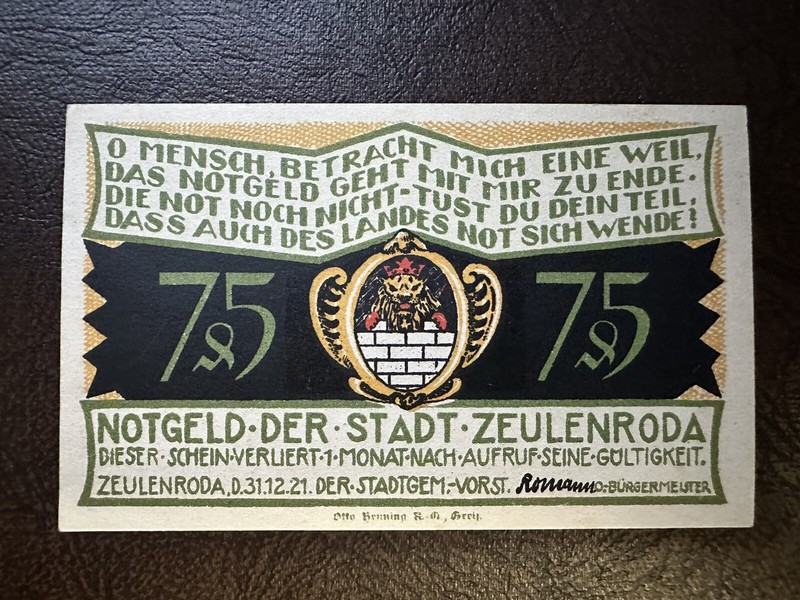 [#325900] Banknote, Germany, Zeulenroda Stadt, 75 Pfennig, 1921, NT1353