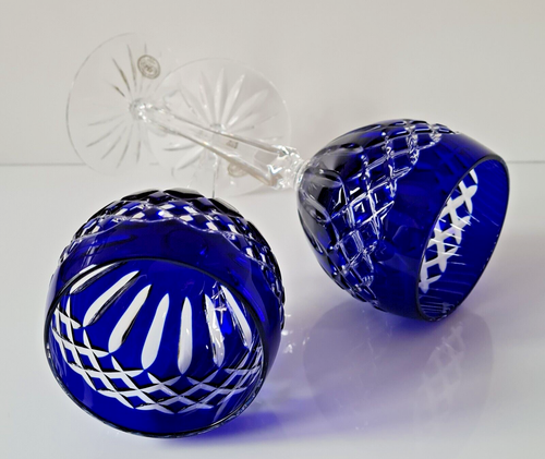 PAIR AJKA CRYSTAL CADESSIA COBALT BLUE WINE HOCK GLASSES, 8,5", MARKED - Picture 7 of 9