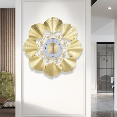 Gold Round Ginkgo Biloba Wall Clock Light Luxury Styles Wall Art Gift Wall Decor