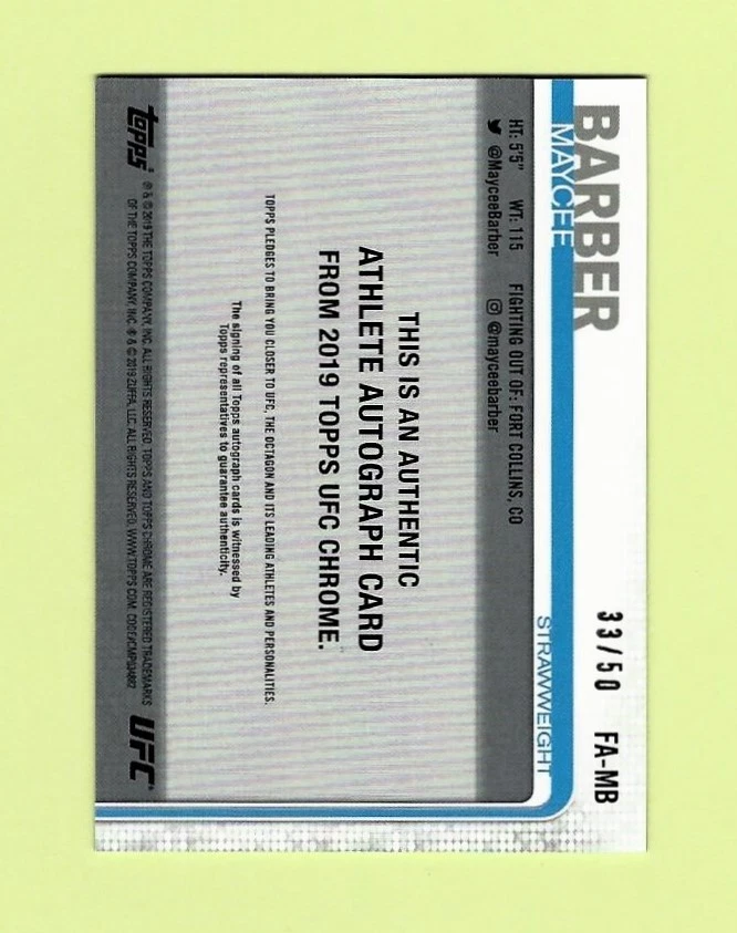 2019 Topps Chrome UFC MAYCEE BARBER Rookie Card Gold Refractor 1ST AUTO RC * /50 - Image 2 of 2