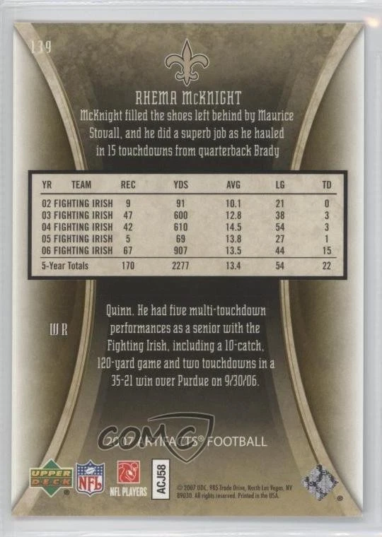 2007 Upper Deck Artifacts Rookie Gold /99 Rhema McKnight #139 Rookie RC - Image 2 of 2