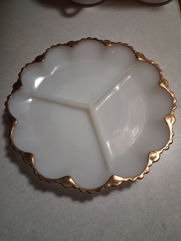 Vintage Fire King Anchor Hocking White Glass 3-Section Rd. Tray Trimmed in Gold