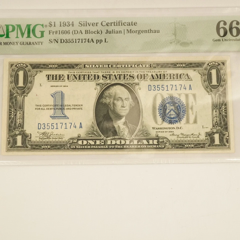 1934 $1 Silver Certificate Fr#1606(DA Block) PMG 66 Gem UNC - Free Shipping USA - Image 3 of 4