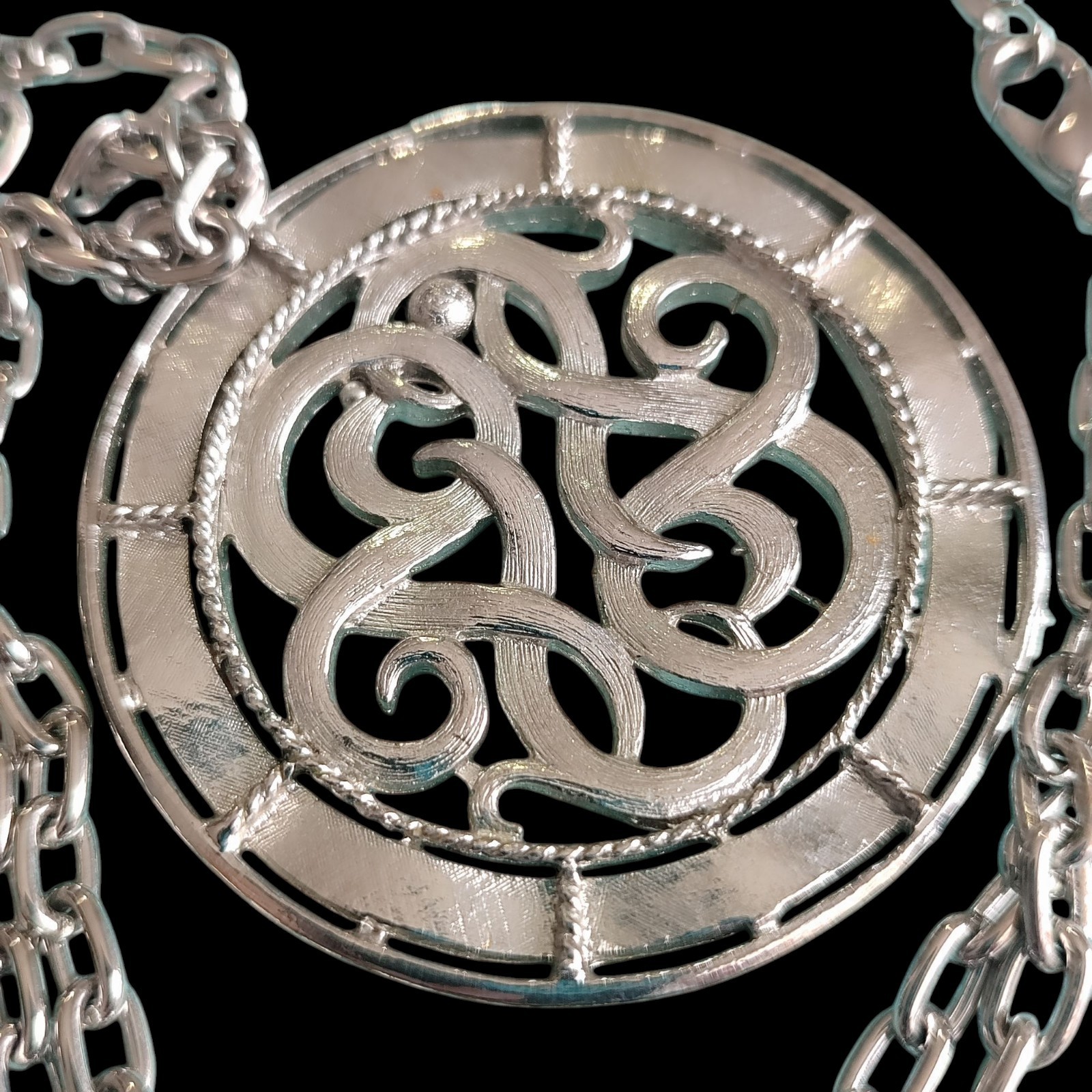 Large Scrollwork Medallion Retro Silver Tone Neck… - image 6