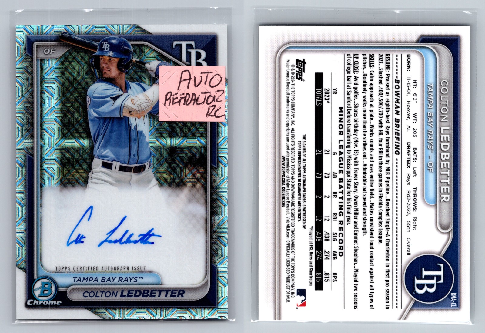 2024 Bowman #BMA-CL Colton Ledbetter Chrome Prospect Autographs Mojo Refractors