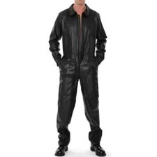 Mens Genuine leather Jumpsuit Black Overall Jumpsuit Suit Dress Uniform Pilot