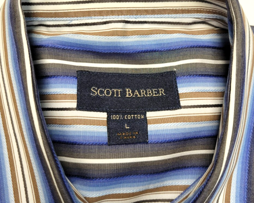 SCOTT BARBER Cotton Button Casual Shirt Men's LARGE L Blue Brown Gray STRIPED - Picture 4 of 5