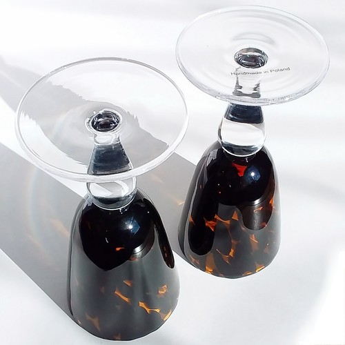 Tortoise Shell Glass Goblets Scallop Edge Bulbous Stem Hand Blown Poland 2pc Set - Picture 7 of 9
