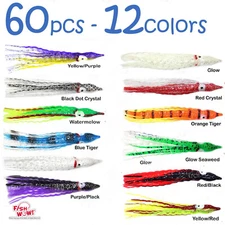 60pcs 12-color Fish WOW! 5" Squid Skirt Octopus Hoochies Crinkle soft Lure mix
