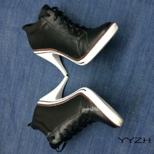 Mujeres Cuero Stiletto Tacones Altos Negro Blanco Bombas Con Cordones Tenis Zapatos Deportivos Foto 2 de 4