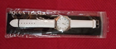 Bijoux Terner quartz white fashion watch 9'' long faux leather band needs battery