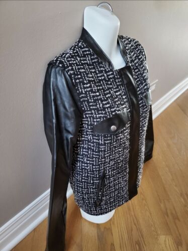 NEW Muse Muse by royal party jacket moto Bomber Black White Tweed leather Size M - Picture 3 of 11