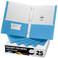 Two-Pocket Folders with 3-Prong Fasteners Light Blue Color 25-Pack Durable Te...