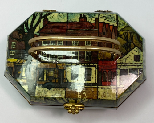 Vintage Holz Achteck Decoupage Box Geldbörse Velours Stoff innen LESEN - Bild 14 von 22