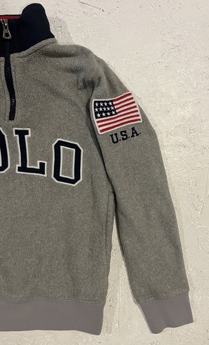 Polo Ralph Lauren 1/4 Zip Fleece Sweatshirt USA Flag Boy’s Sz Small Gray - Picture 2 of 5