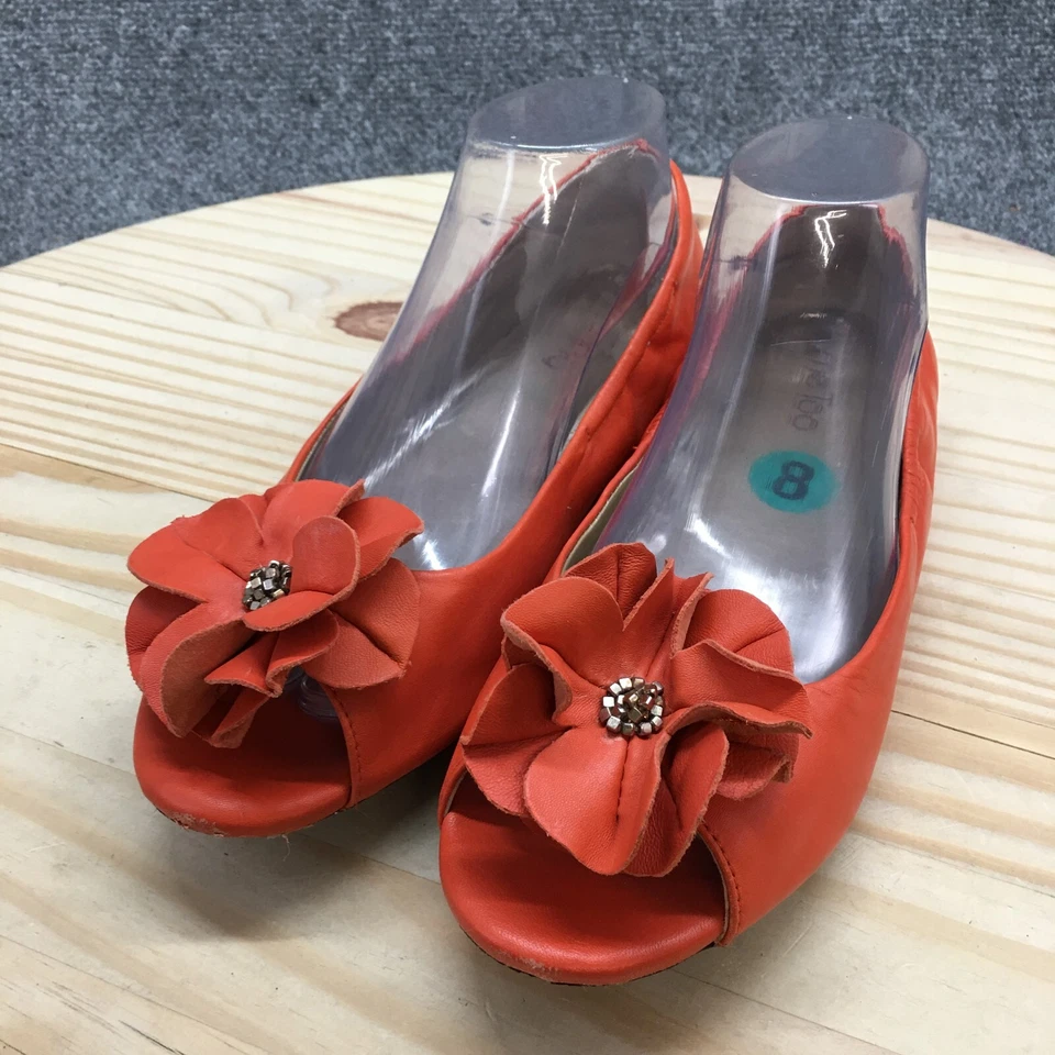 Sandálias femininas Me Too 8 M Leigh slip on flats couro laranja peep toe floral - Imagem 3 de 4