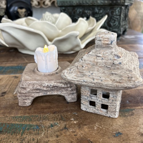 Small Faux Stone Ceramic Pagoda Tealight Night Light 7" Tall Battery LED Unique! - Picture 6 of 10