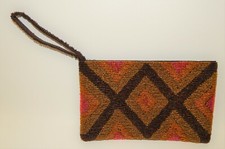 Beautiful Beaded Wristlet Clutch Bag - Brown Pink Orange Glass Seed Beads EUC