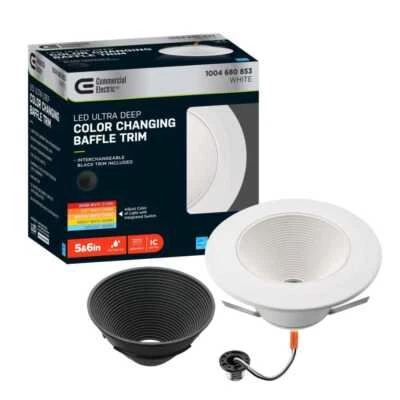 COMMERCIAL ELECTRIC CE 6 in. Deep Baffle Adjustable CCT LED Recessed Light Trim Wet Rated Dimmable